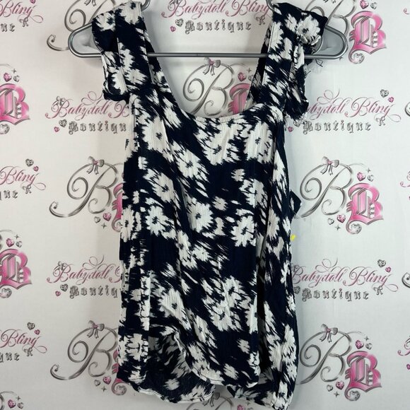 Ichi tank top flowers flowy ruffle detail Floral Print Sleeveless Top navy blue - Picture 1 of 11